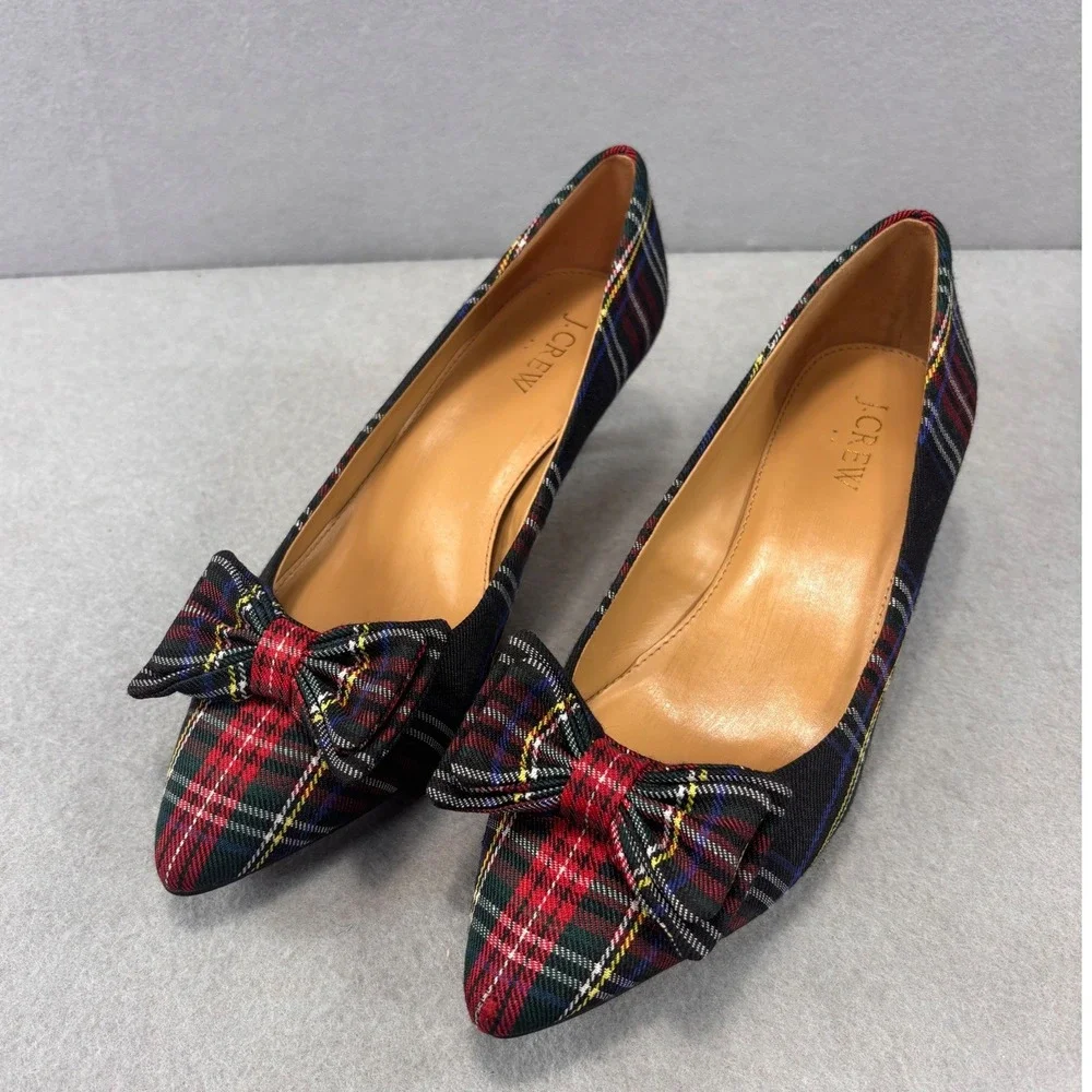J.Crew Esme Tartan Plaid Kitten Heel Pumps W/ Bow Black & Red Sz 7.5 holiday